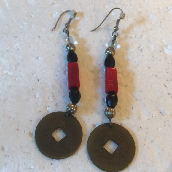 Vintage Jewelry - Vintage Asian coin and engraved beads earring